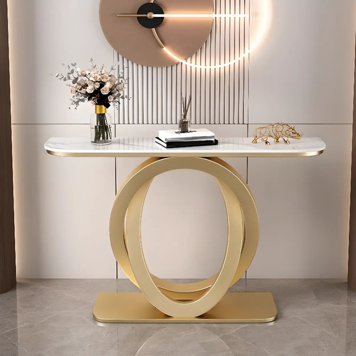 Half-Circle Stone-Top Console Table — Antique Brass / White