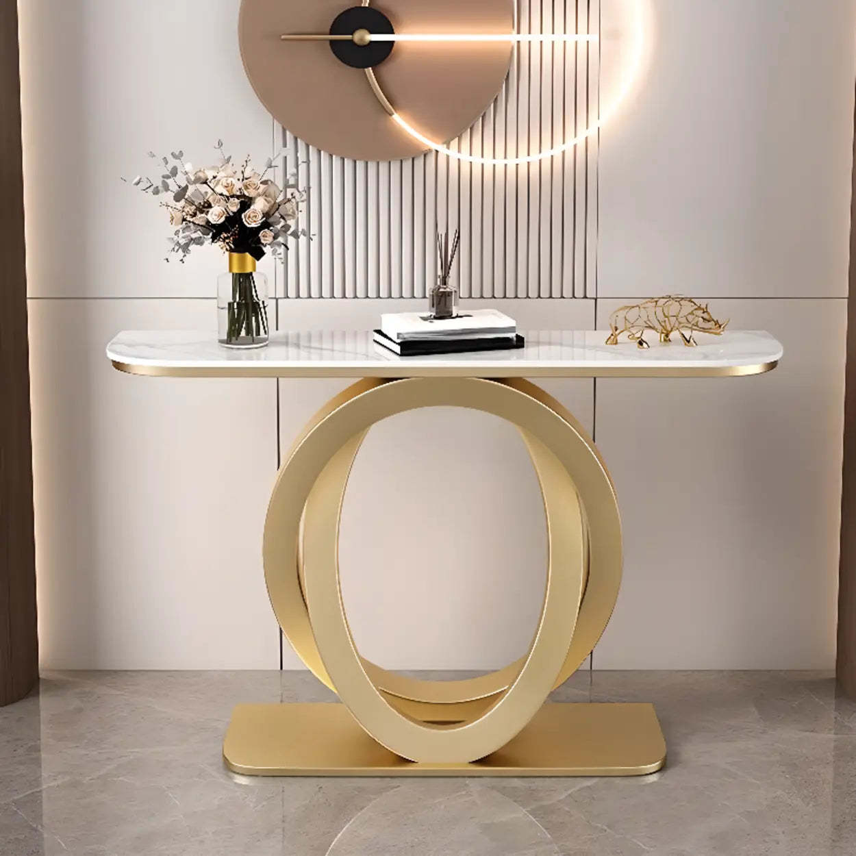 Half-Circle Stone-Top Console Table — Antique Brass / White