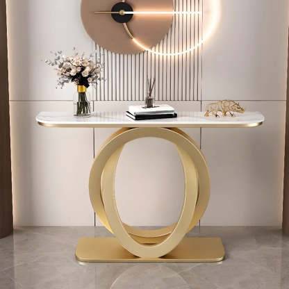 Half-Circle Stone-Top Console Table — Antique Brass / White