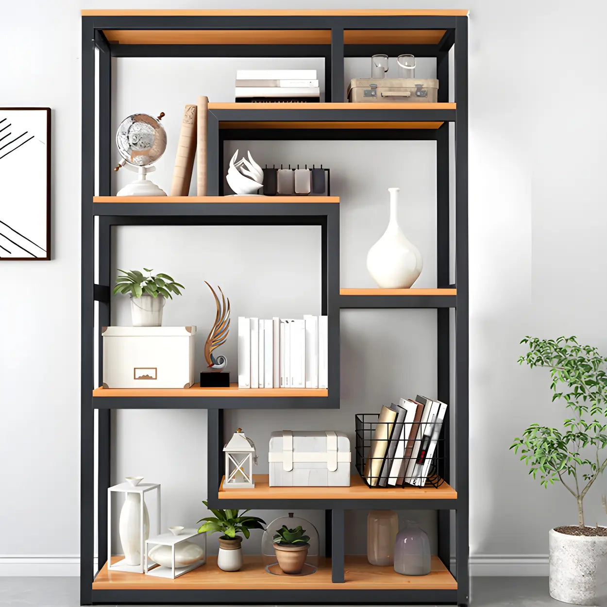 Geometric Metal-Wood Open-Back Bookcase