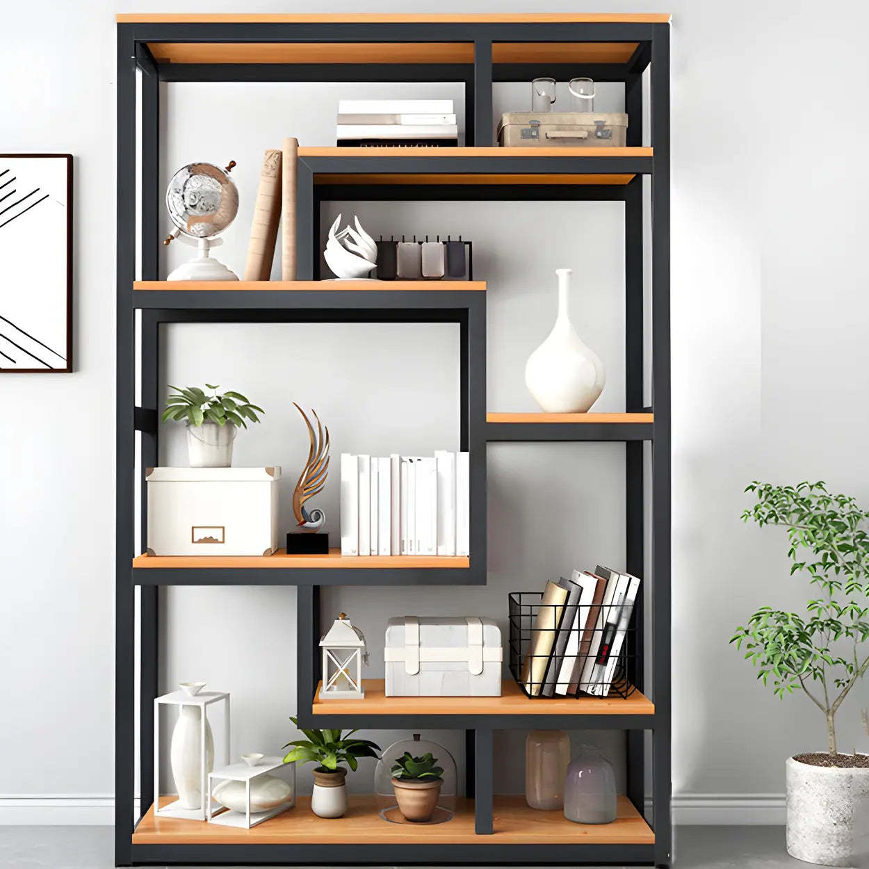 Geometric Metal-Wood Open-Back Bookcase