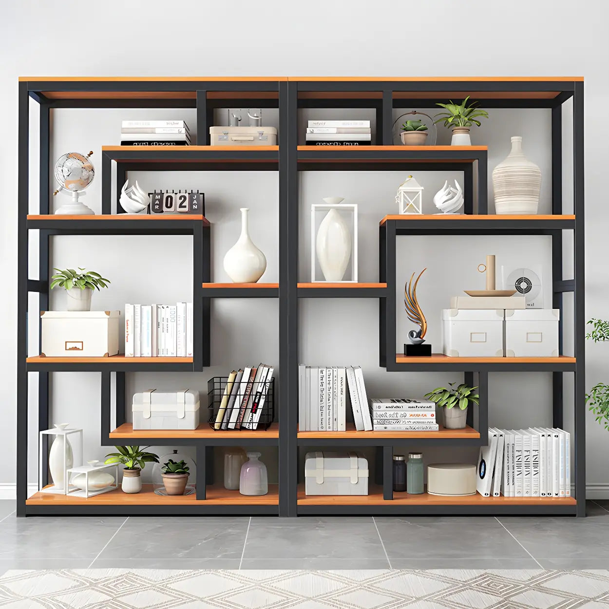 Geometric Metal-Wood Open-Back Bookcase