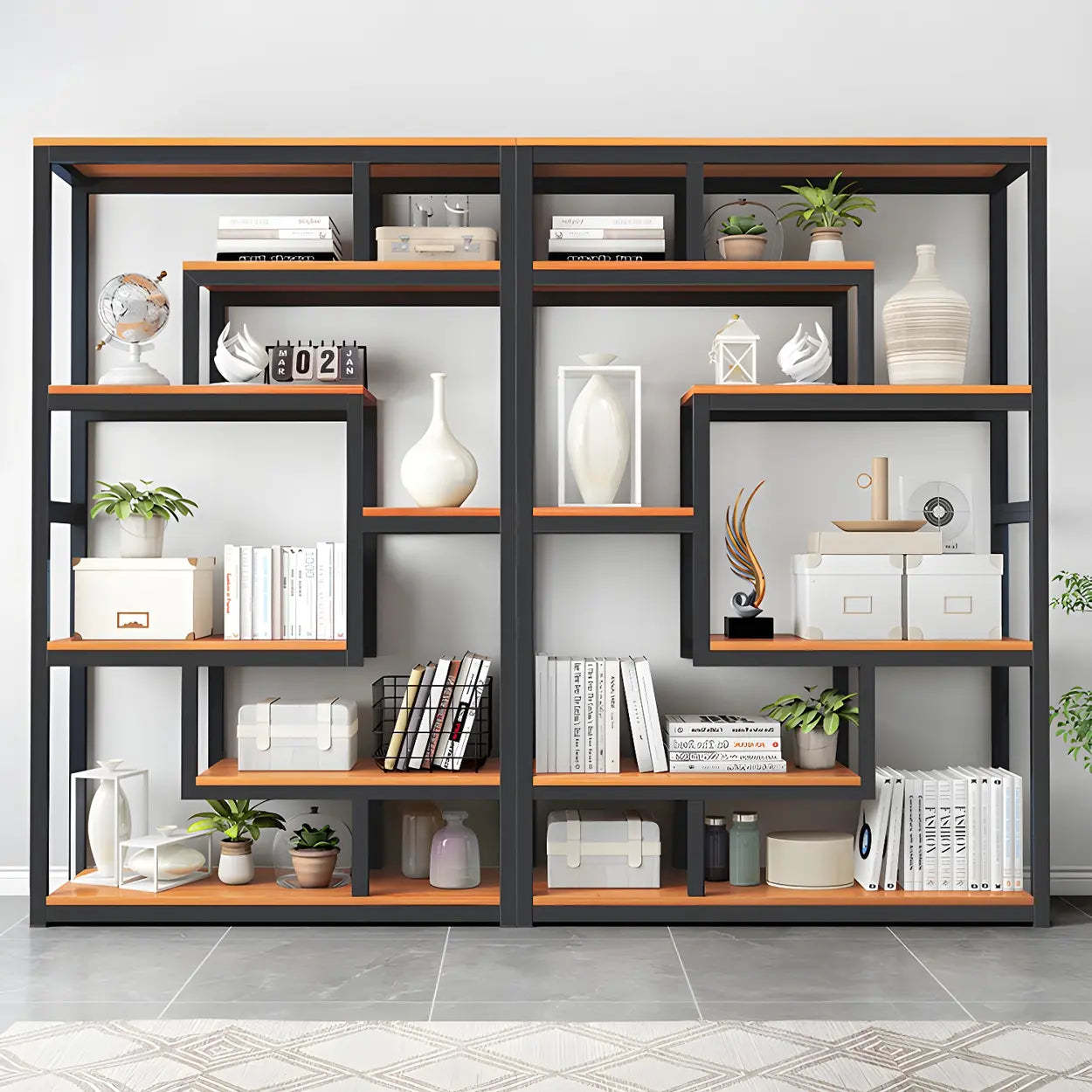 Geometric Metal-Wood Open-Back Bookcase