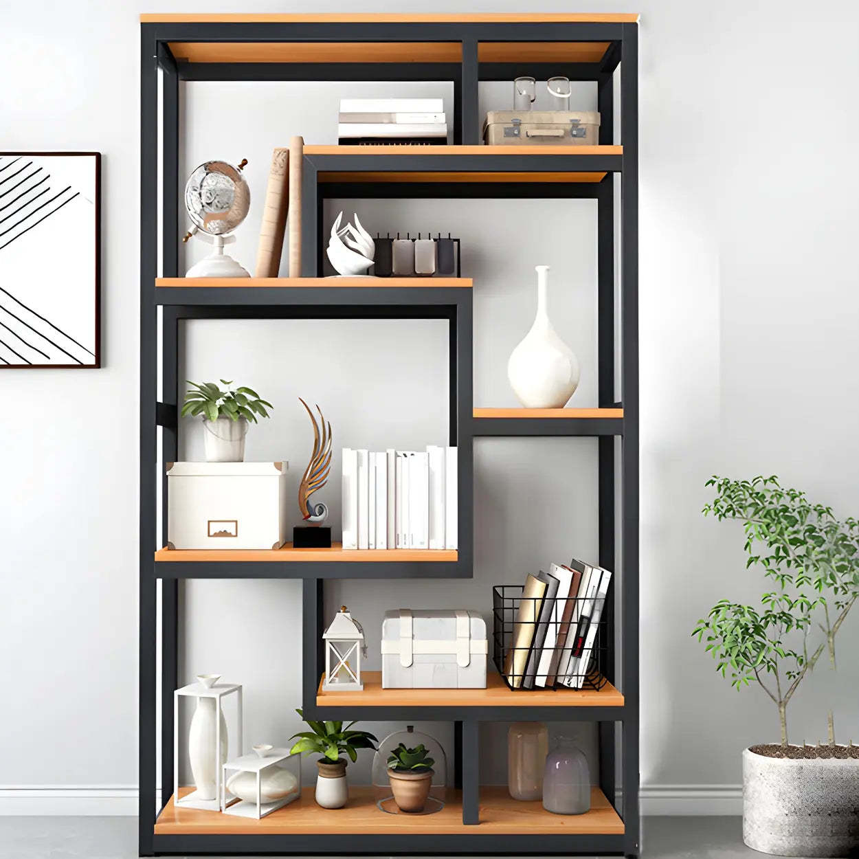 Geometric Metal-Wood Open-Back Bookcase