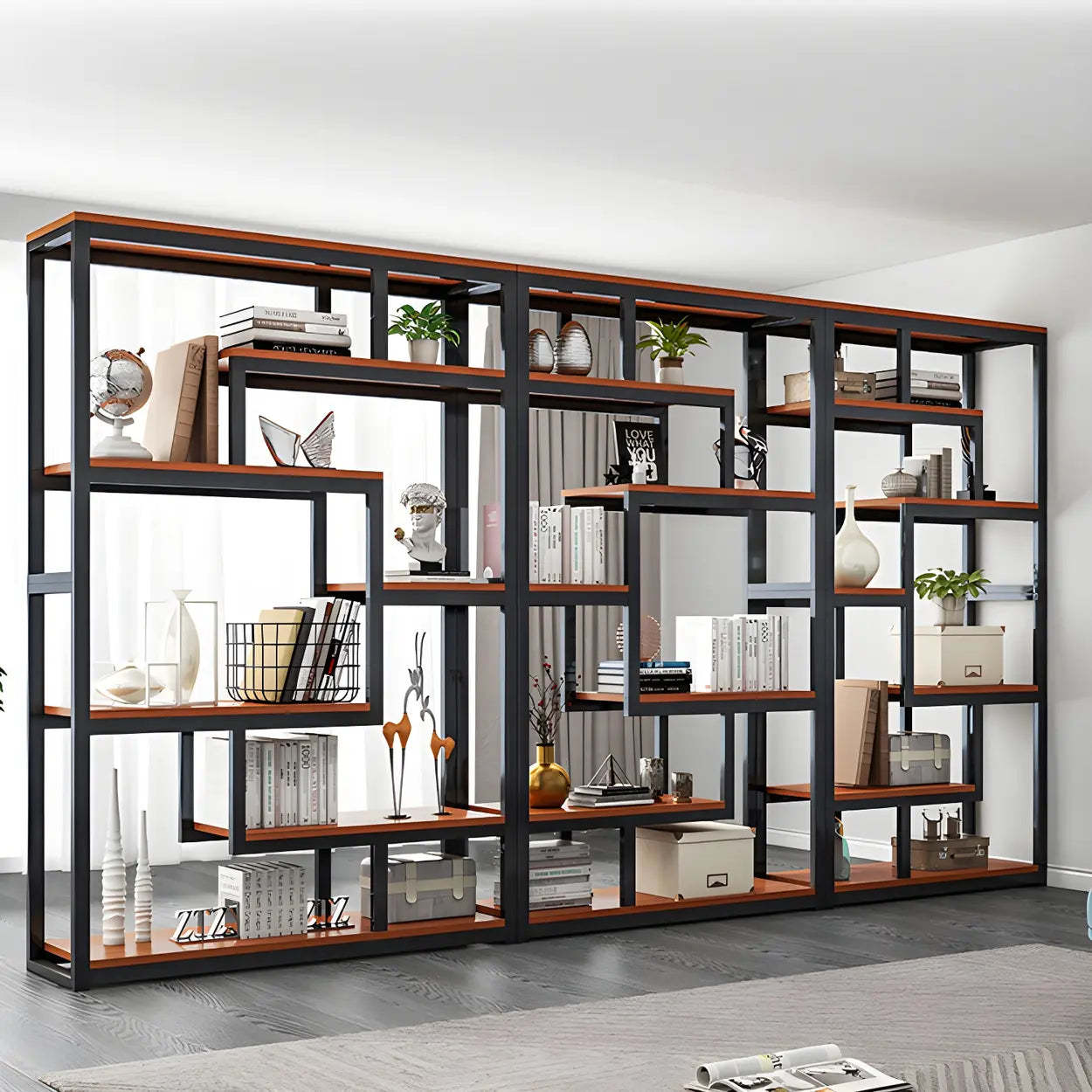 Geometric Metal-Wood Open-Back Bookcase