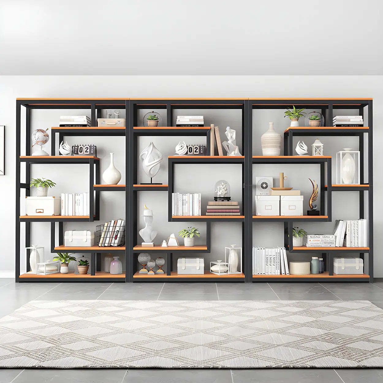 Geometric Metal-Wood Open-Back Bookcase