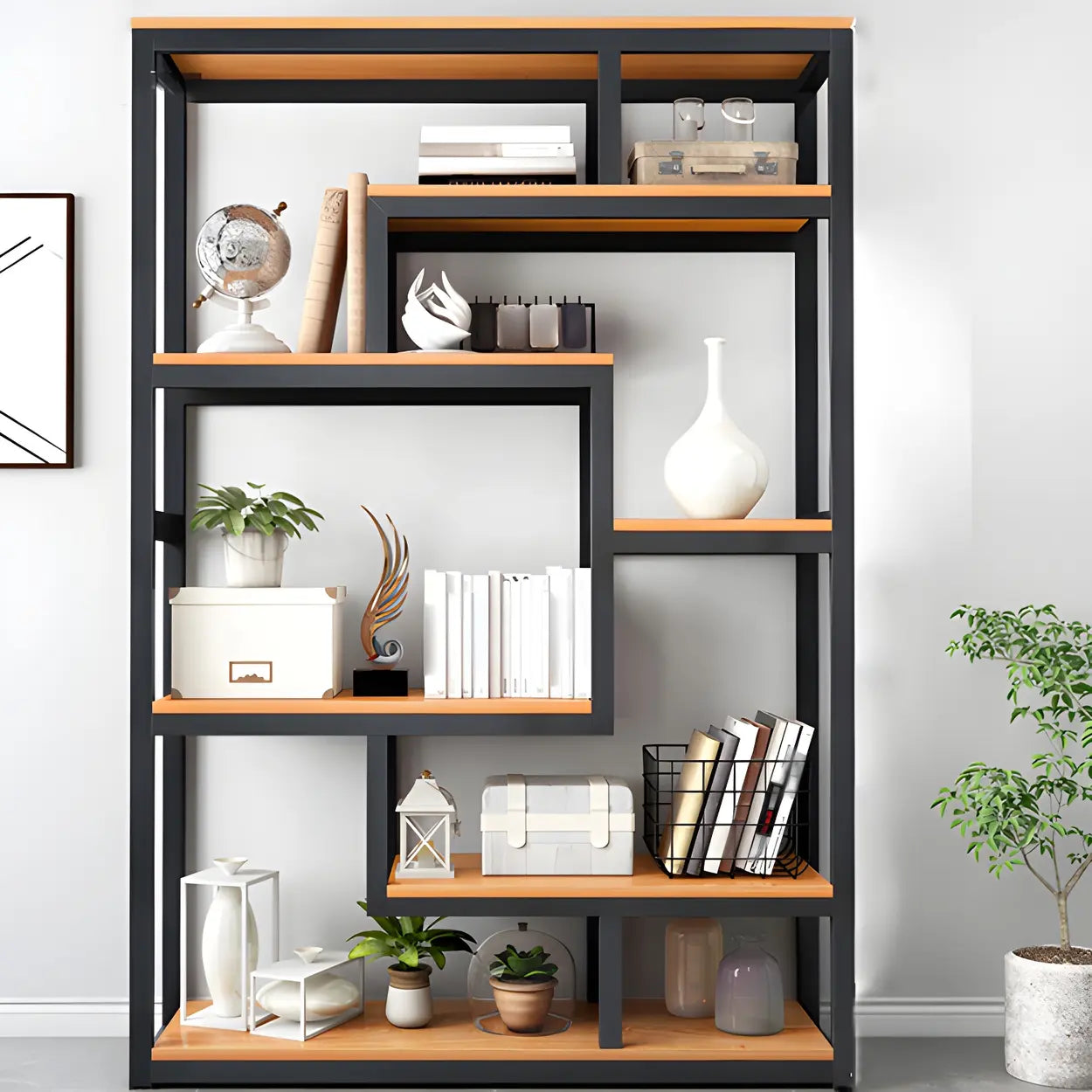 Geometric Metal-Wood Open-Back Bookcase
