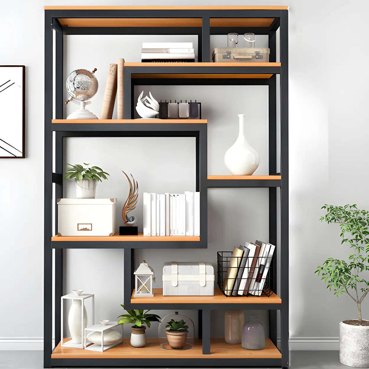 Geometric Metal-Wood Open-Back Bookcase