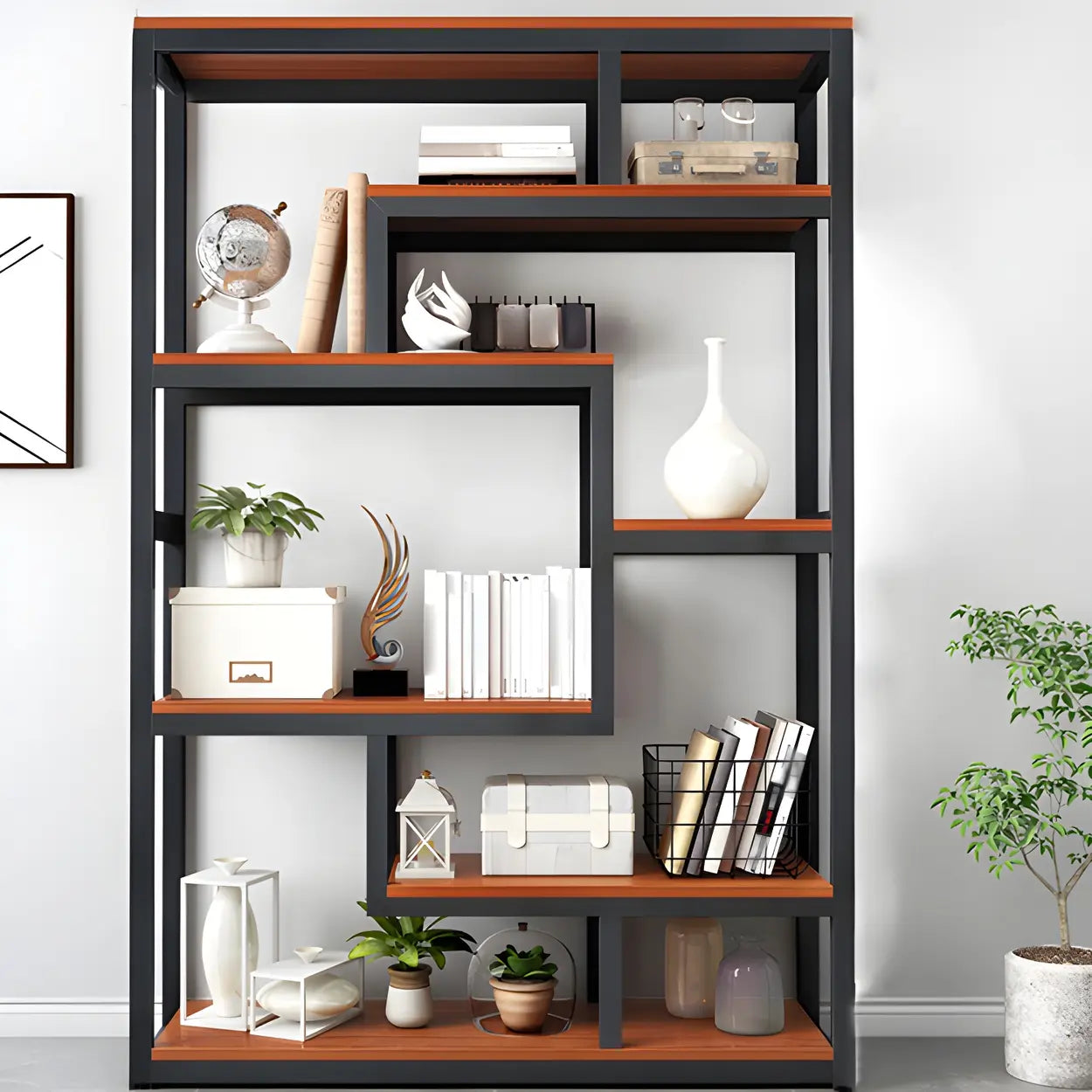 Geometric Metal-Wood Open-Back Bookcase