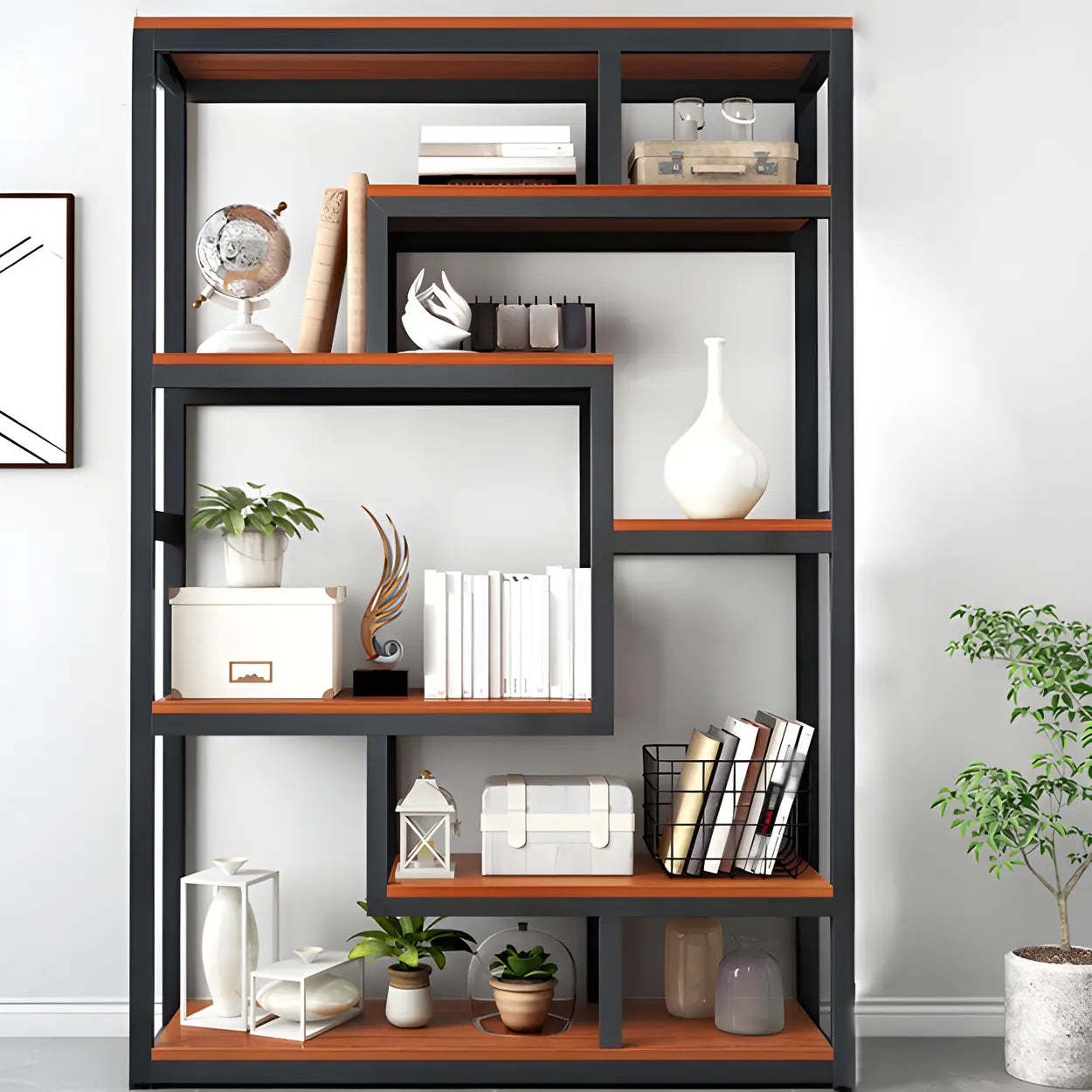 Geometric Metal-Wood Open-Back Bookcase