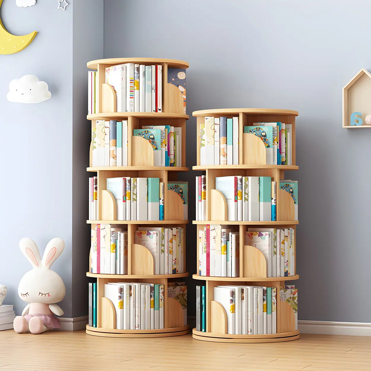 Rotating Round Wood Bookshelf — Natural Finish