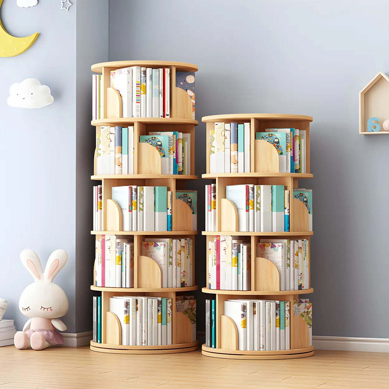 Rotating Round Wood Bookshelf — Natural Finish