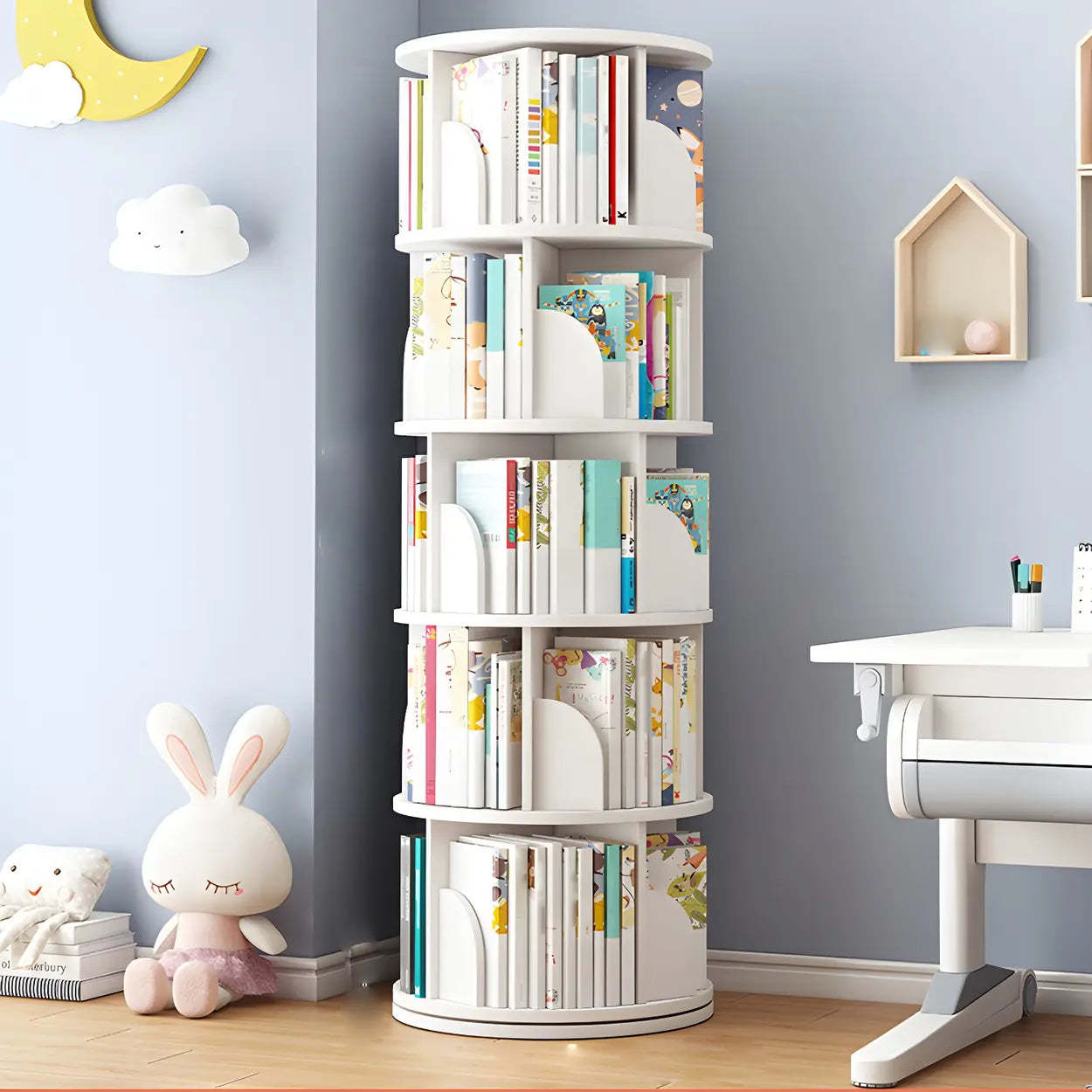 Rotating Round Wood Bookshelf — White