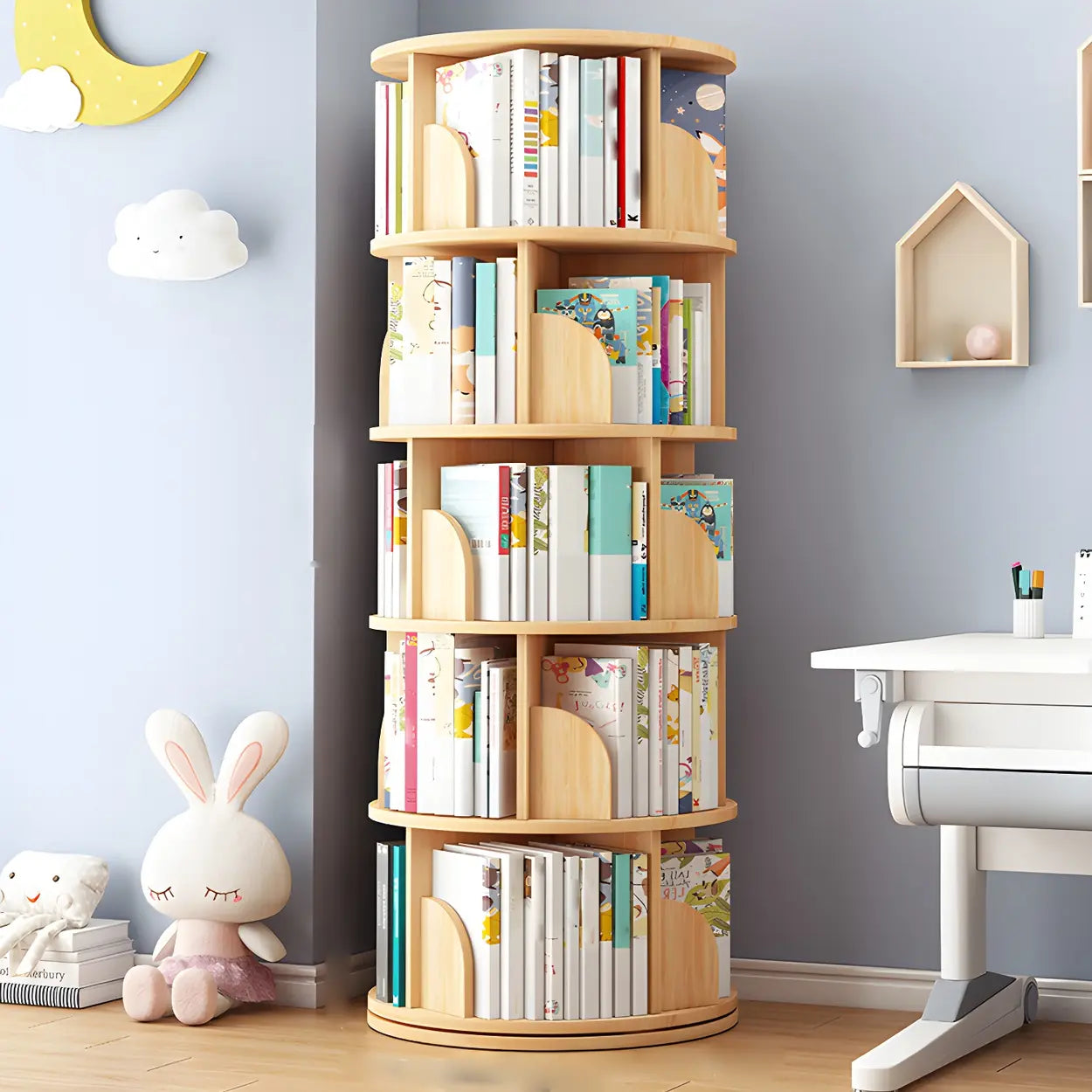 Rotating Round Wood Bookshelf