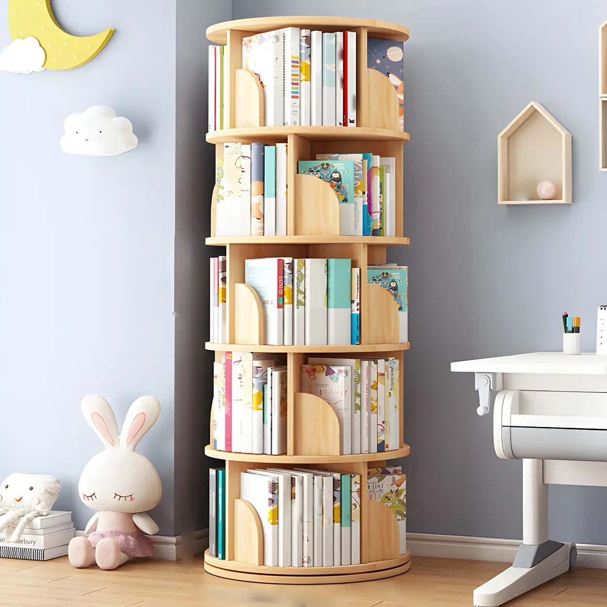 Rotating Round Wood Bookshelf