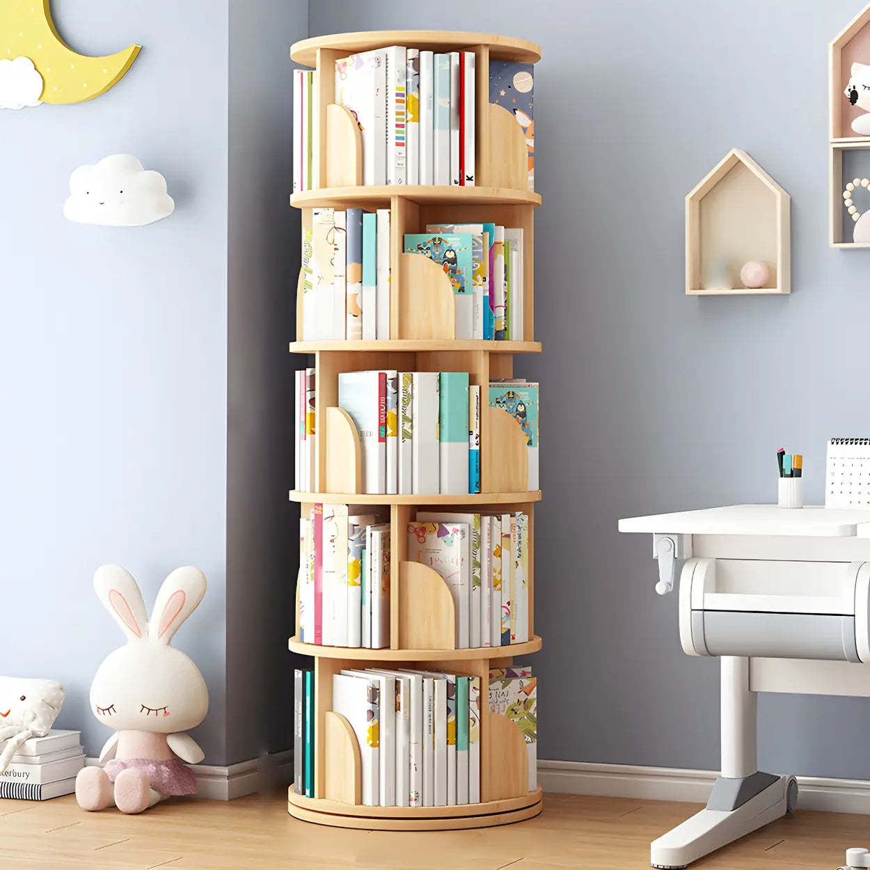 Rotating Round Wood Bookshelf