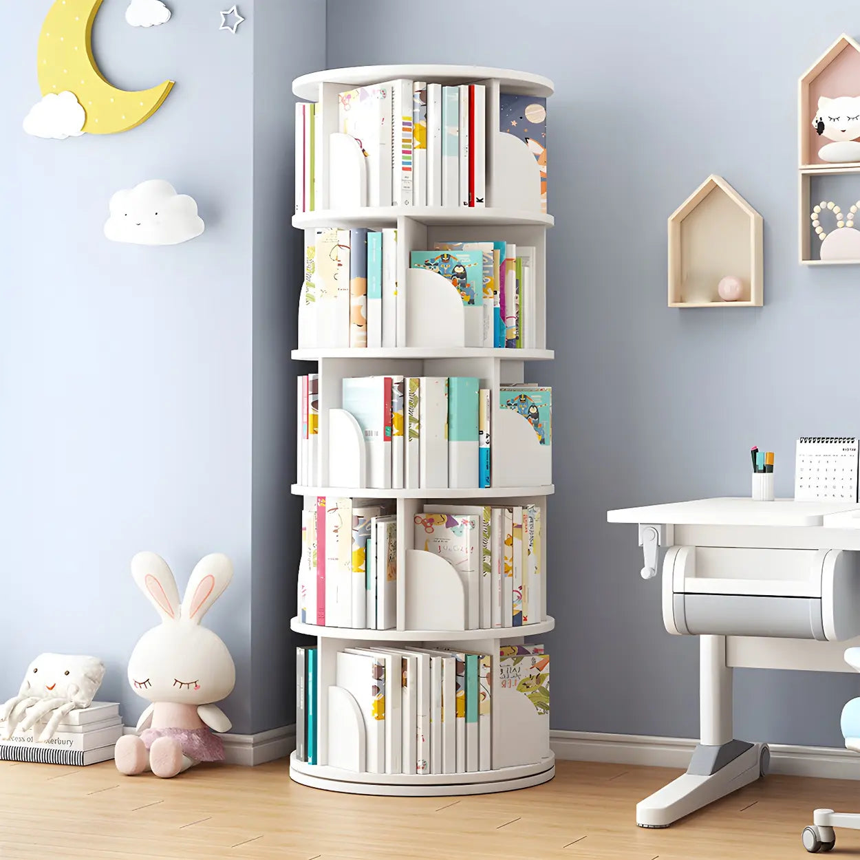 Rotating Round Wood Bookshelf — White
