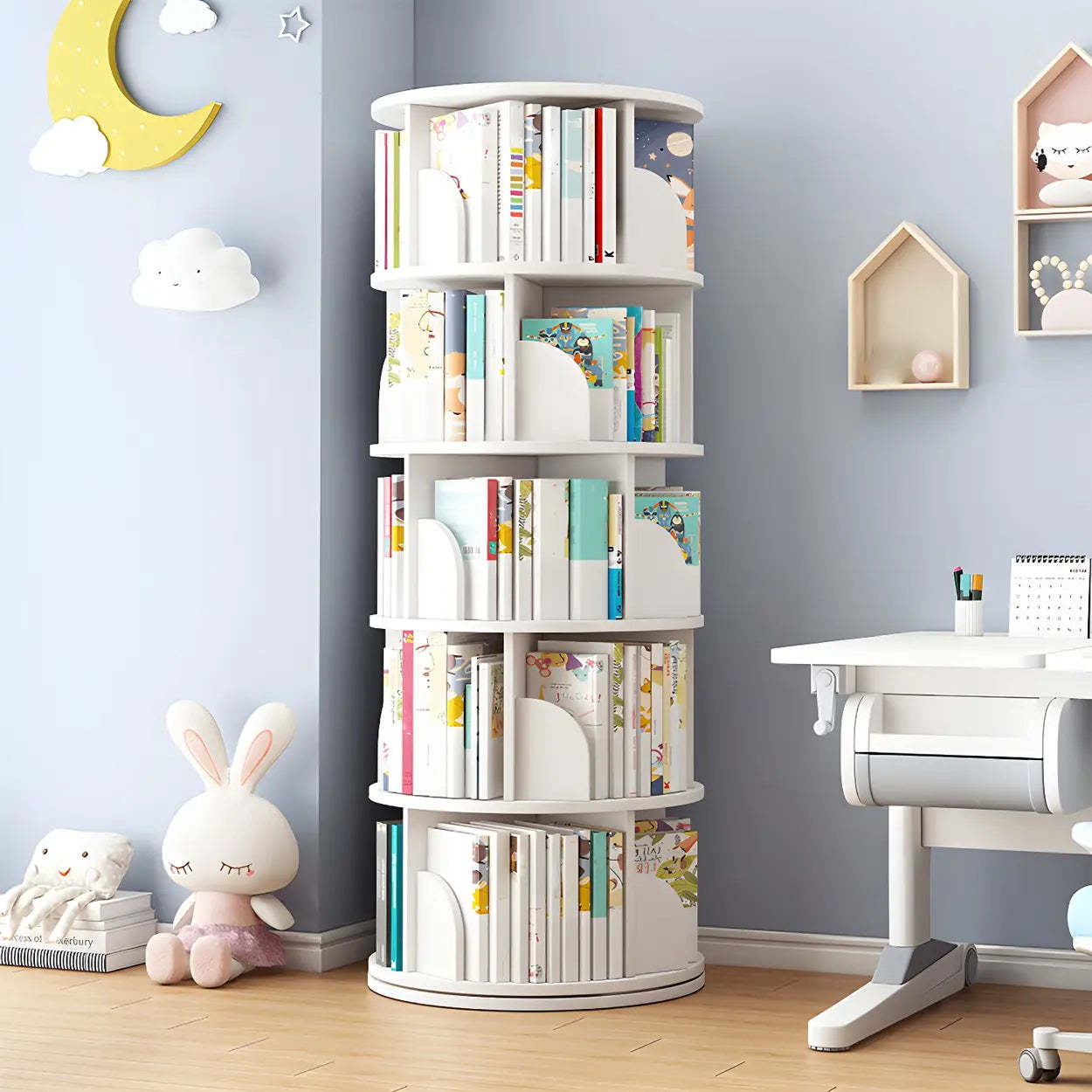 Rotating Round Wood Bookshelf — White
