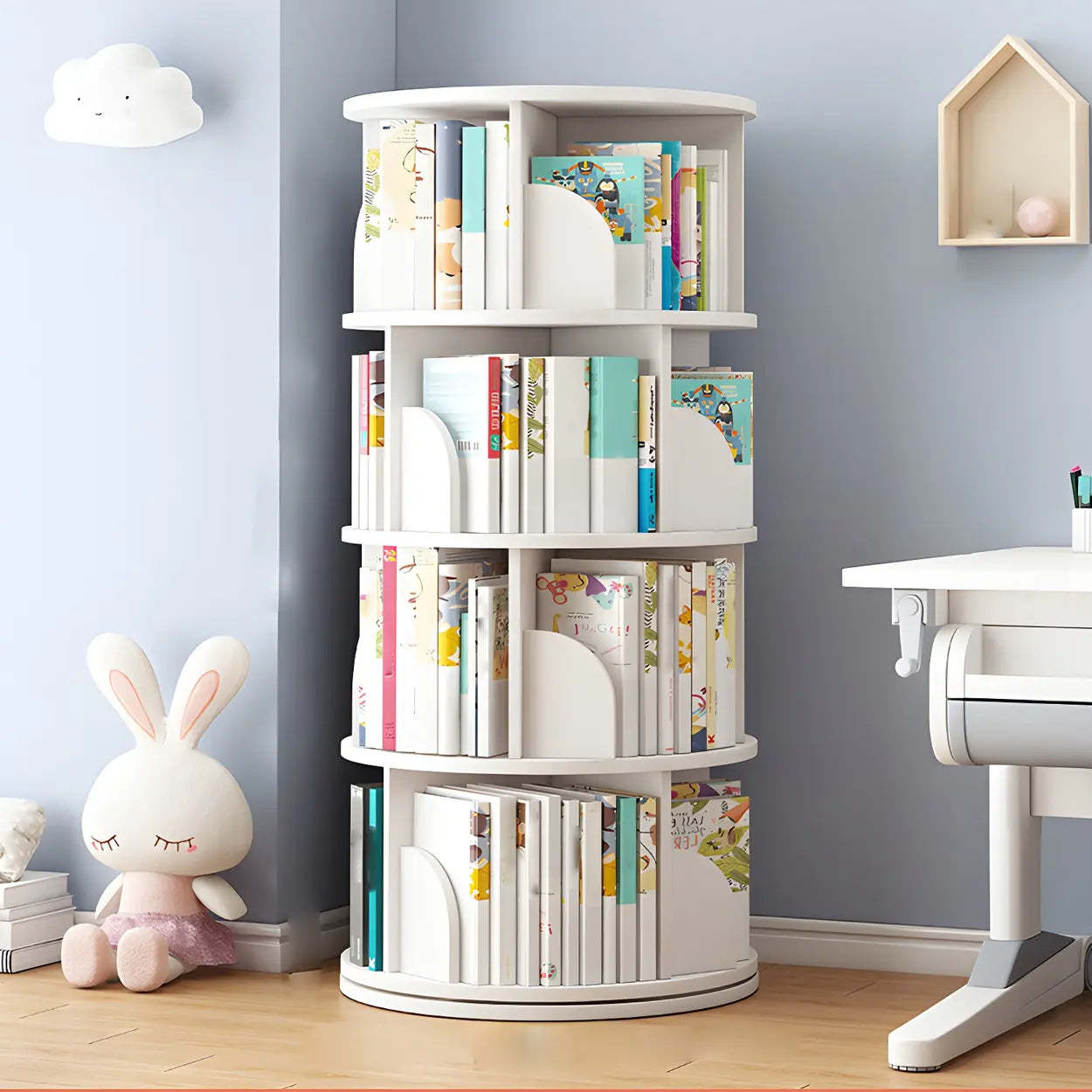 Rotating Round Wood Bookshelf — Natural Finish