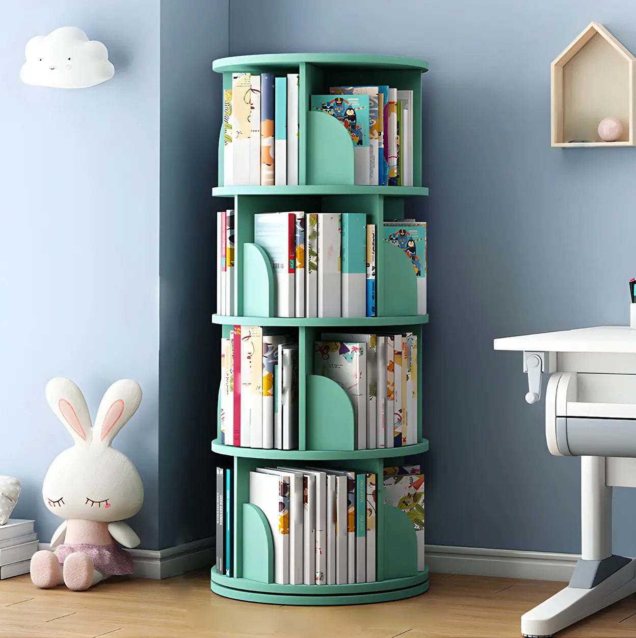 Rotating Round Wood Bookshelf — Green
