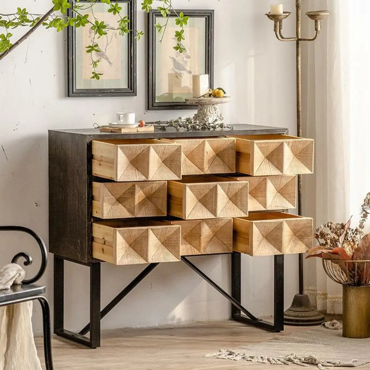 Geometric Black Wood Console Table with Drawers