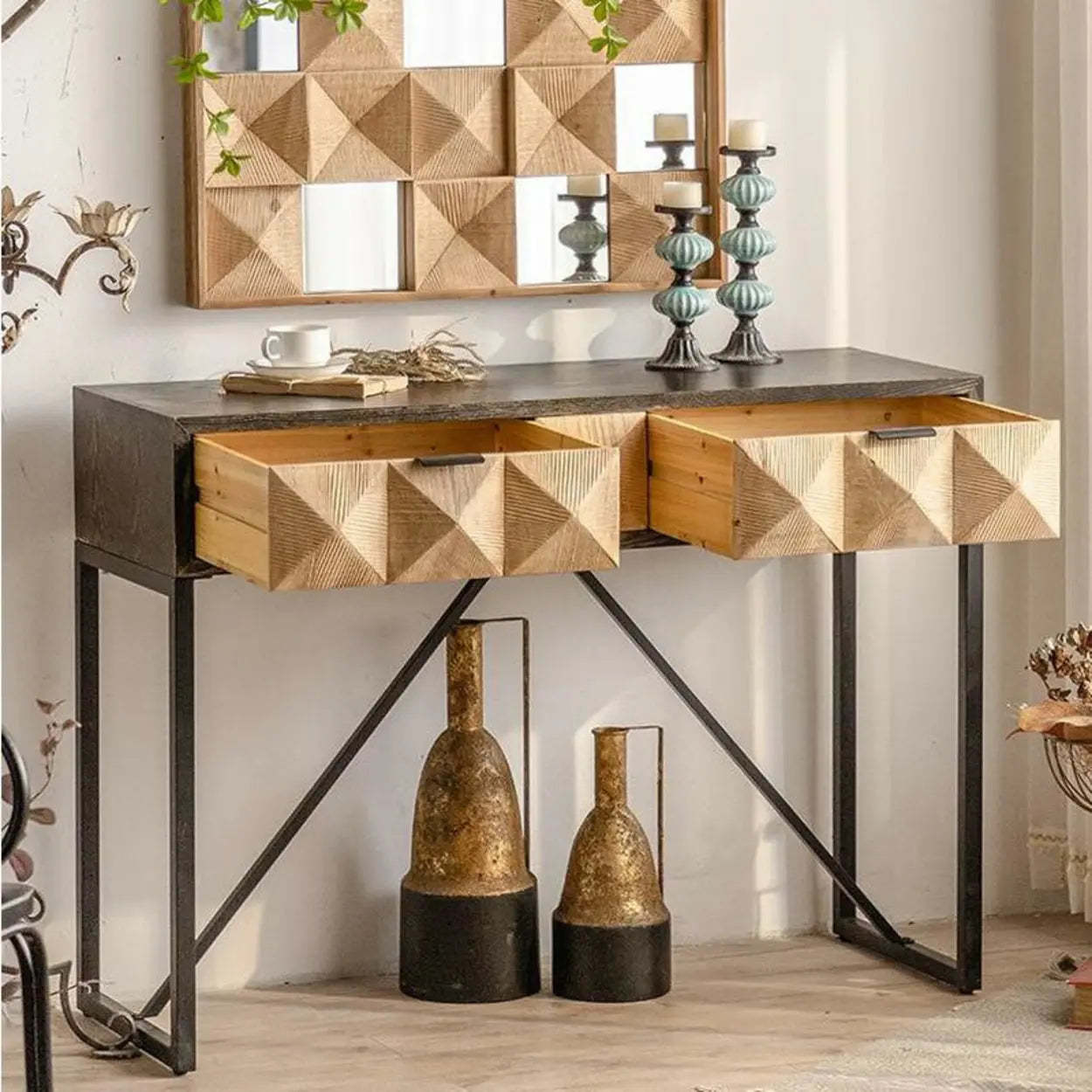 Geometric Black Wood Console Table with Drawers