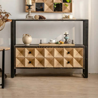Geometric Black Wood Console Table with Drawers