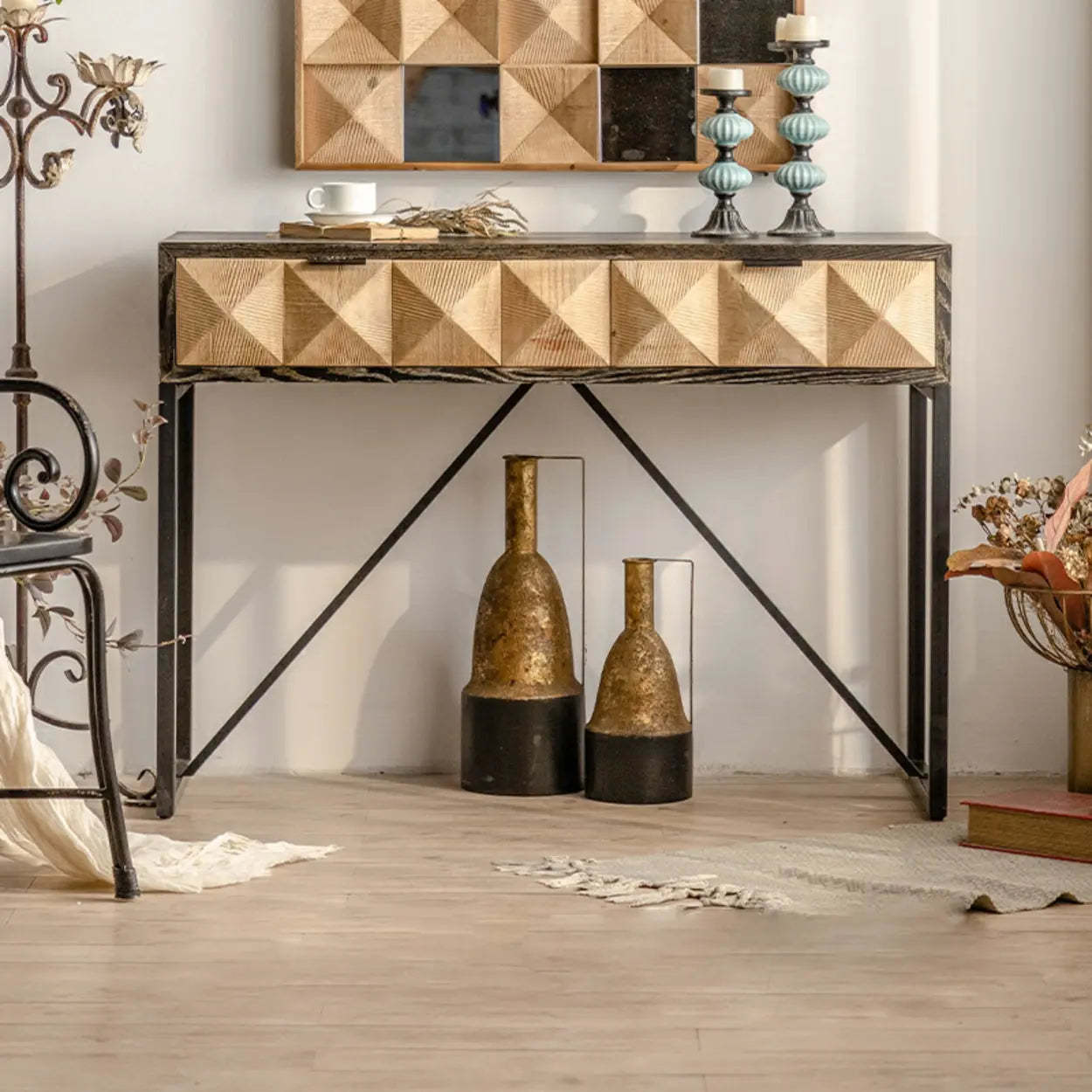 Geometric Black Wood Console Table with Drawers