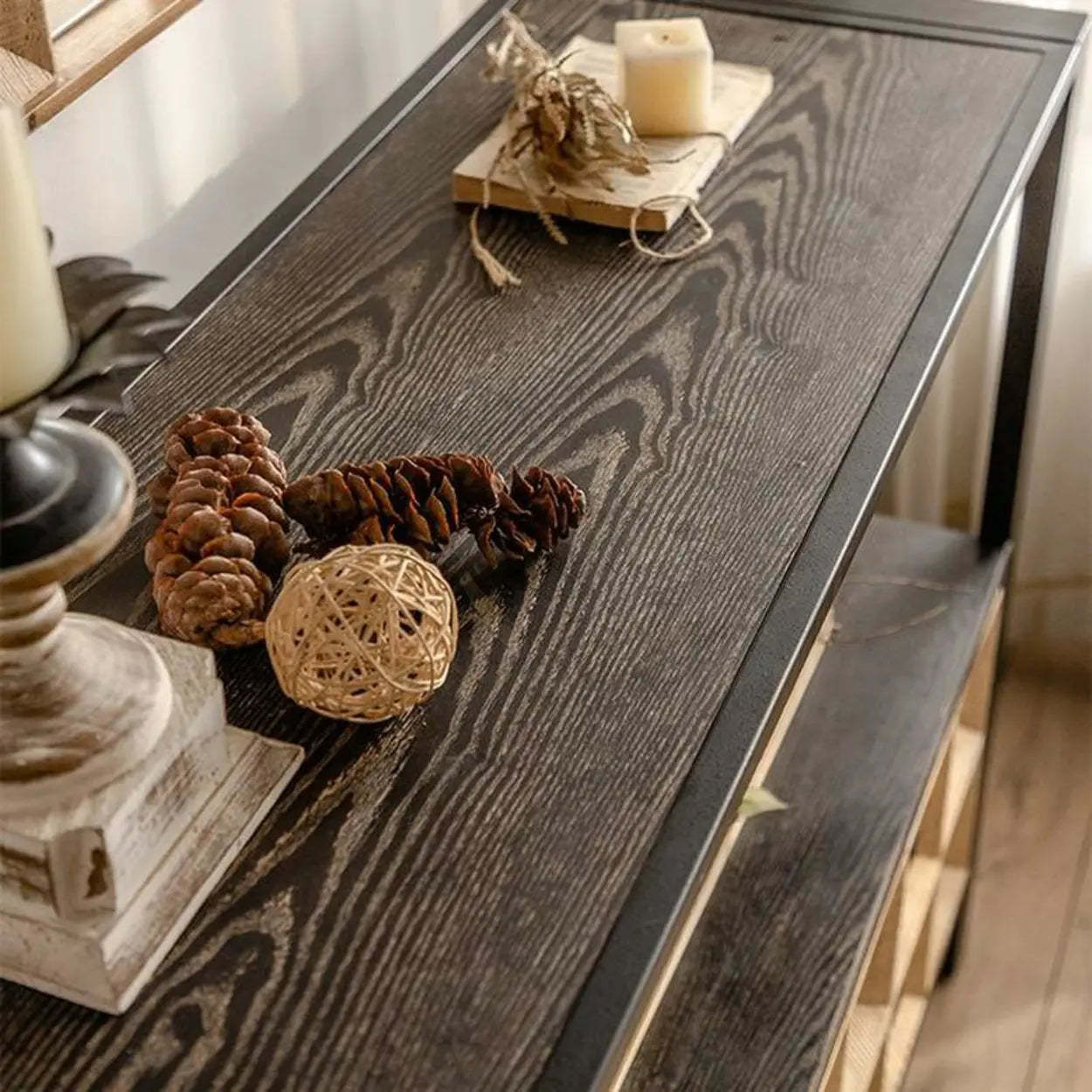 Geometric Black Wood Console Table with Drawers