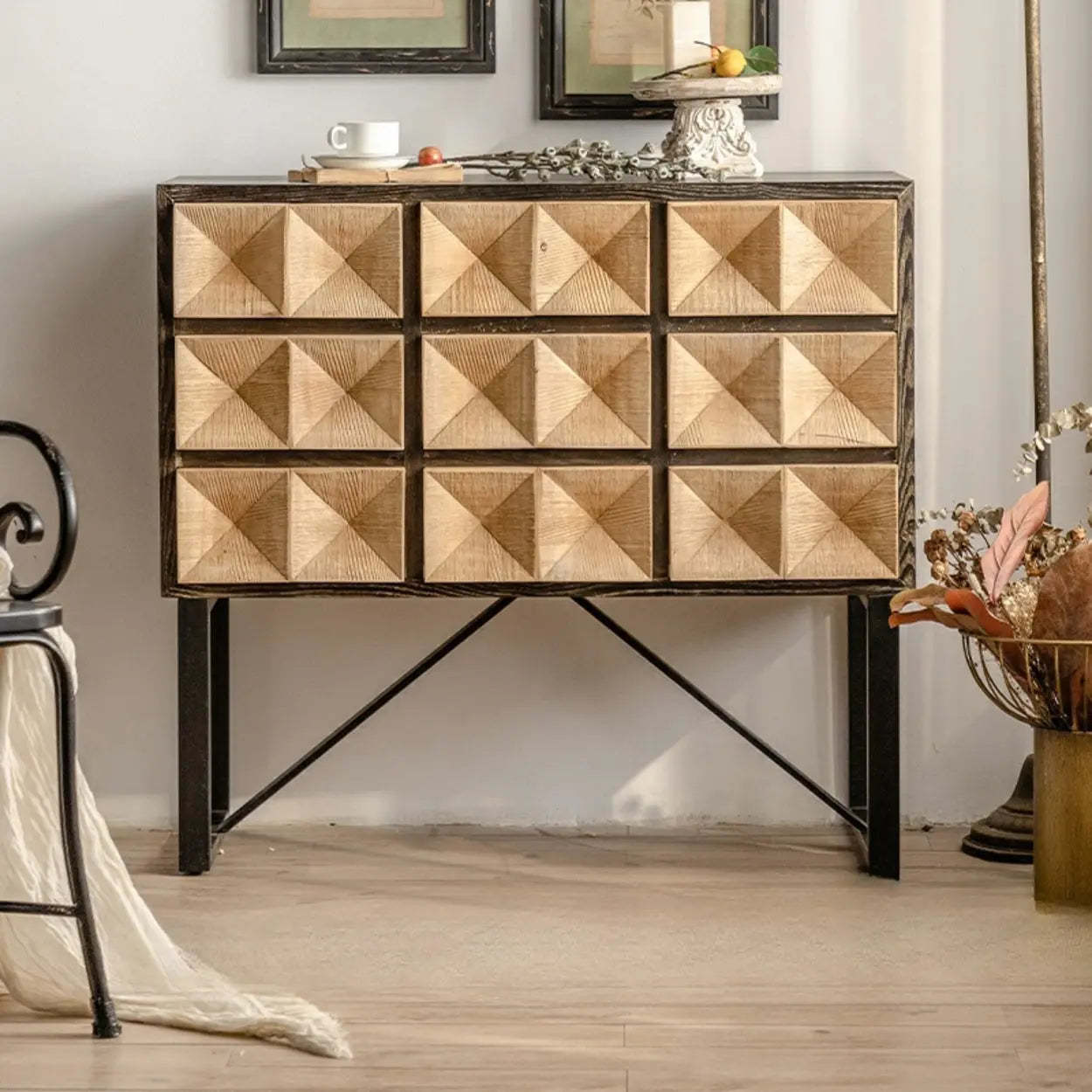 Geometric Black Wood Console Table with Drawers