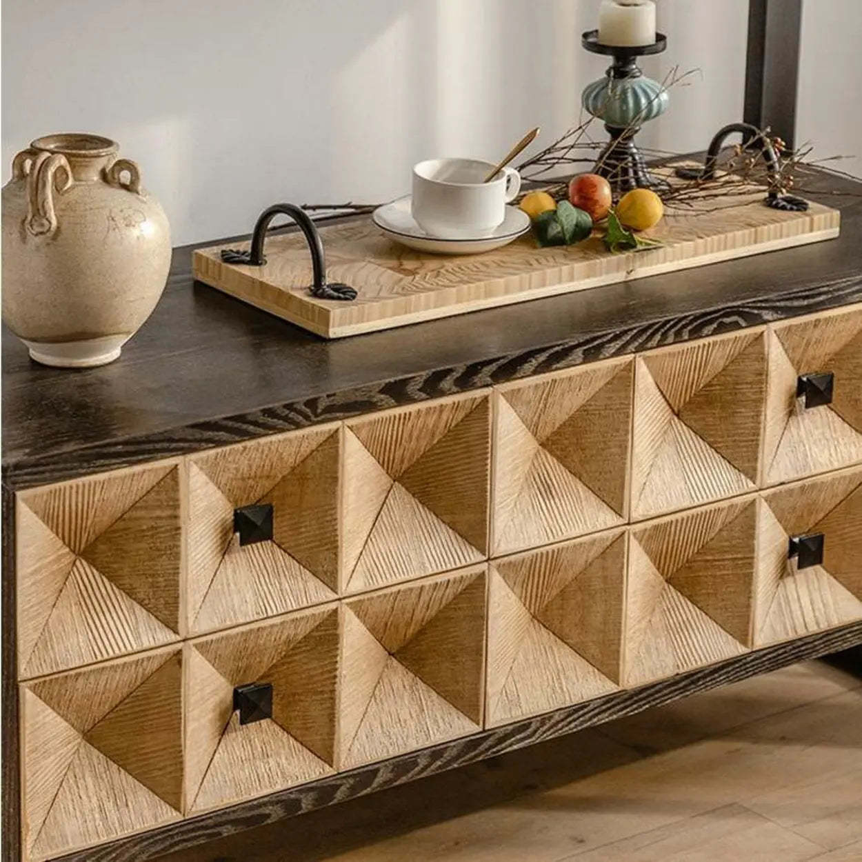 Geometric Black Wood Console Table with Drawers