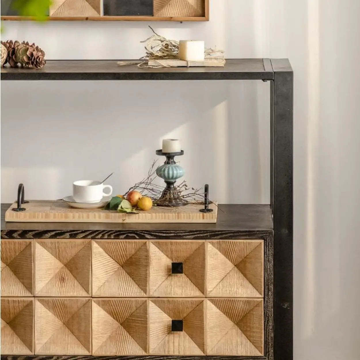 Geometric Black Wood Console Table with Drawers