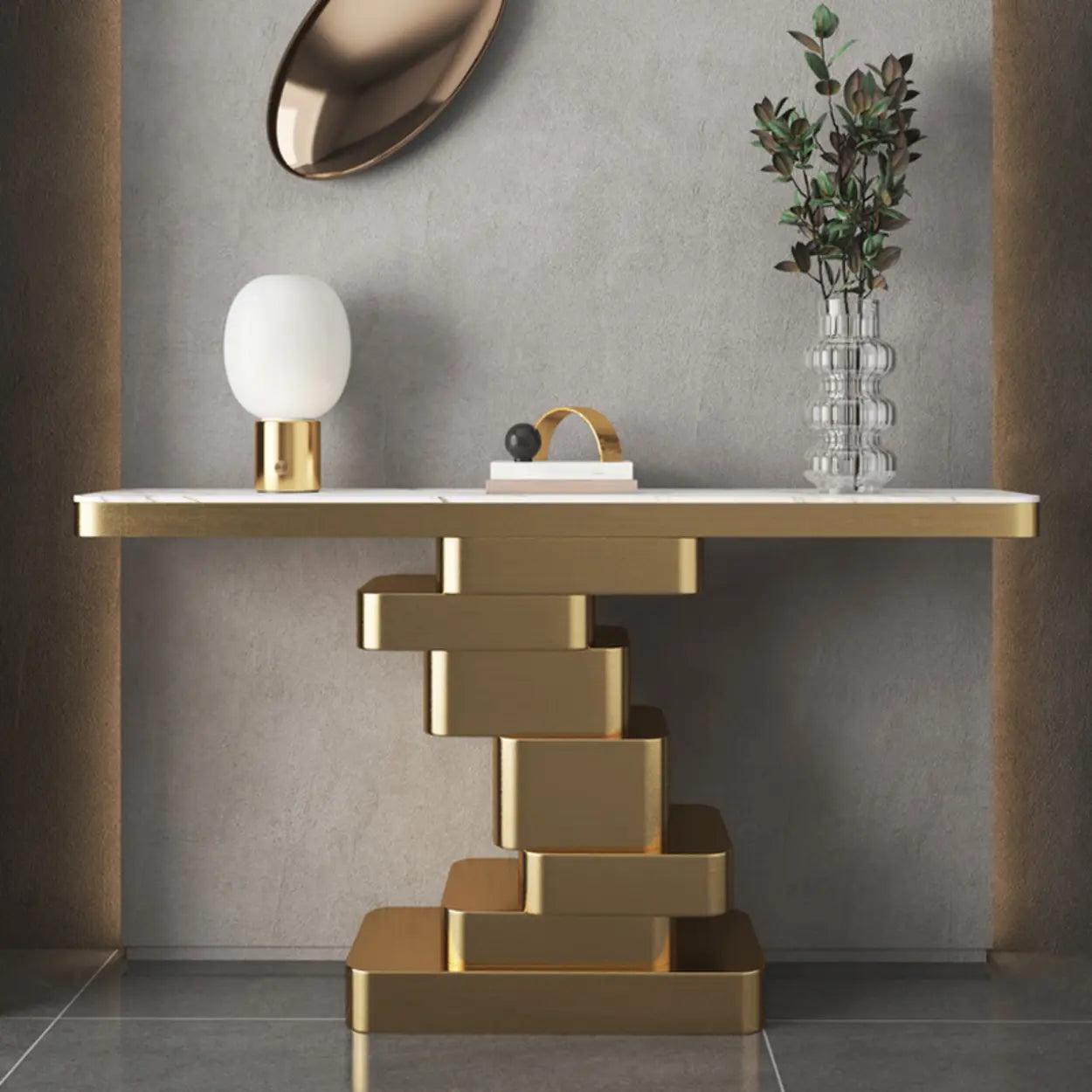 Glam Abstract Gold Metal Console Table with Stone Top — Black
