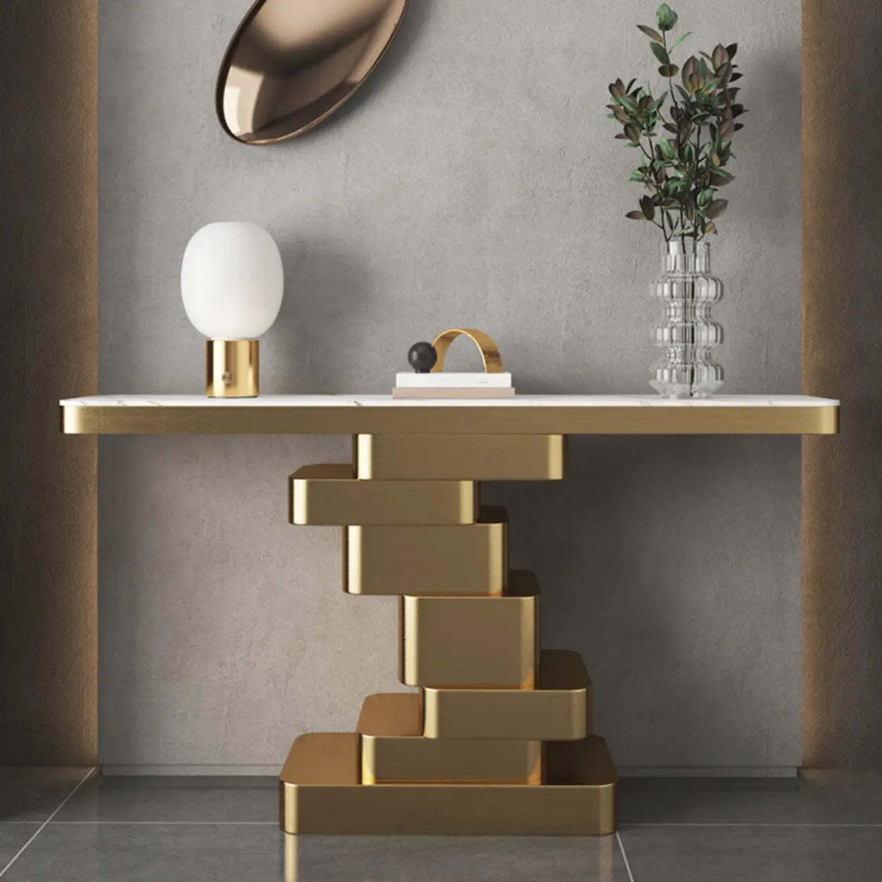 Glam Abstract Gold Metal Console Table with Stone Top — Black