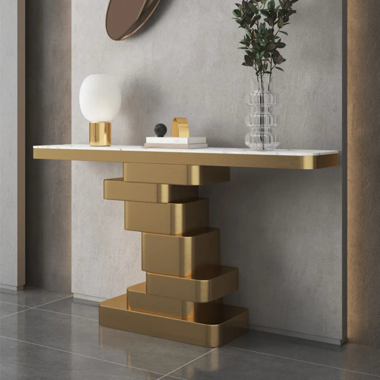 Glam Abstract Gold Metal Console Table with Stone Top — Black