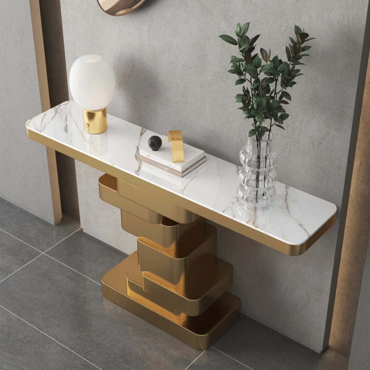 Glam Abstract Gold Metal Console Table with Stone Top — Gold