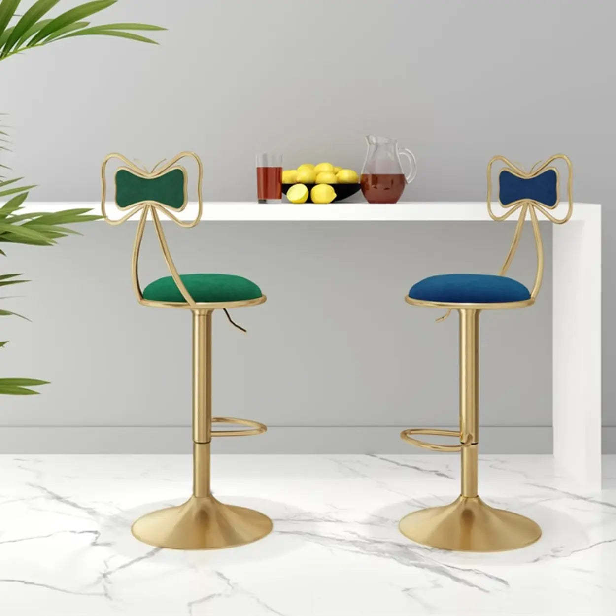 Glam Adjustable Fabric Bow-Knot Back Swivel Bar Stool — Yellow