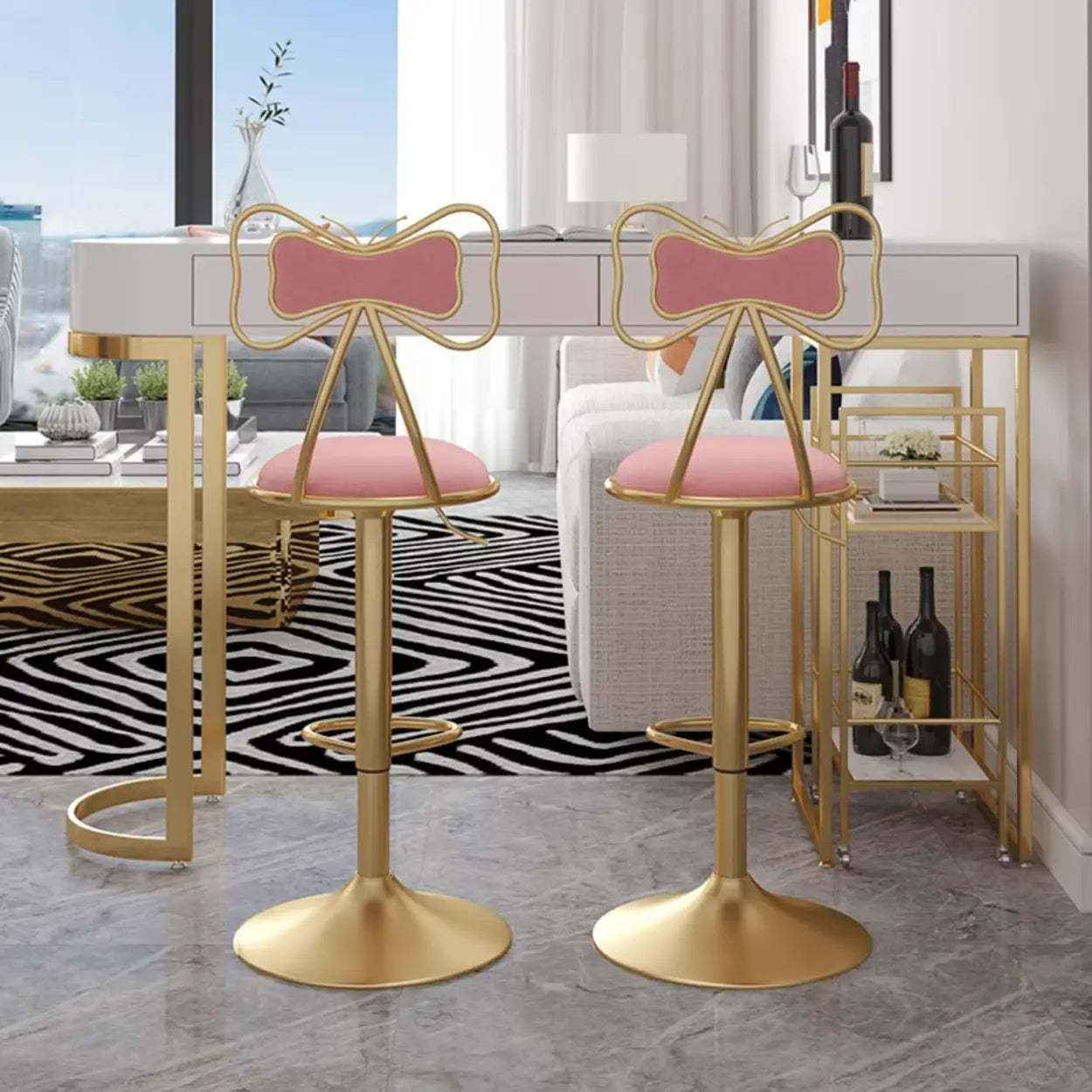 Glam Adjustable Fabric Bow-Knot Back Swivel Bar Stool — Green