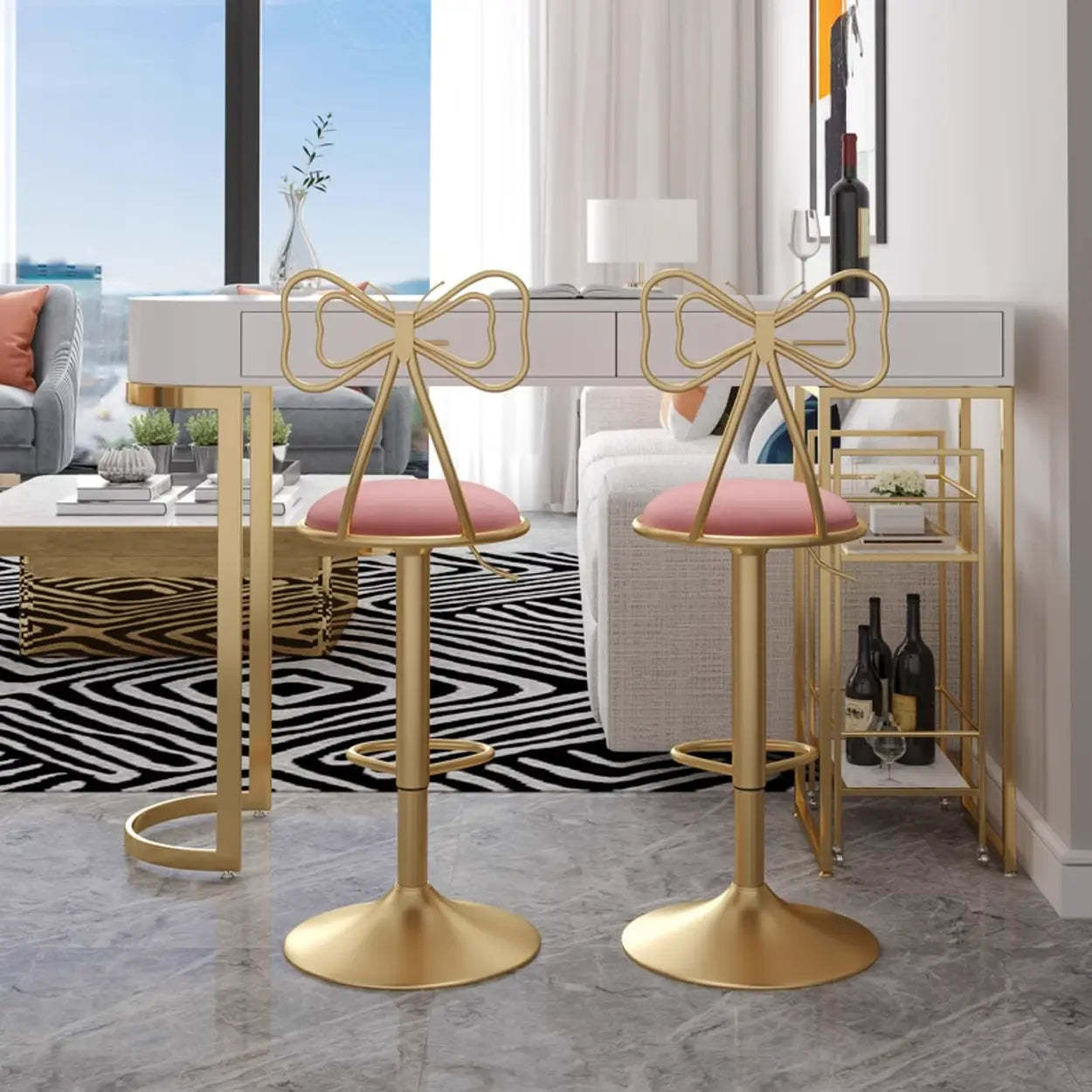 Glam Adjustable Fabric Bow-Knot Back Swivel Bar Stool — Dark Blue