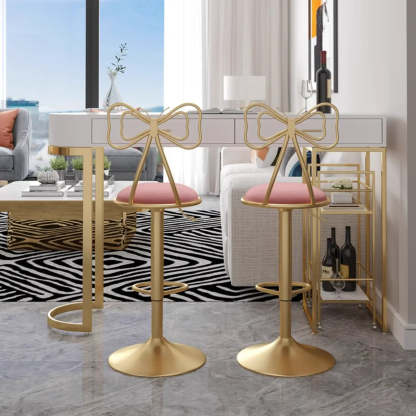Glam Adjustable Fabric Bow-Knot Back Swivel Bar Stool — Dark Blue