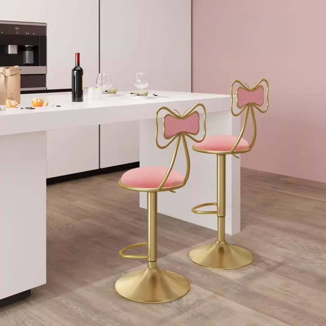 Glam Adjustable Fabric Bow-Knot Back Swivel Bar Stool