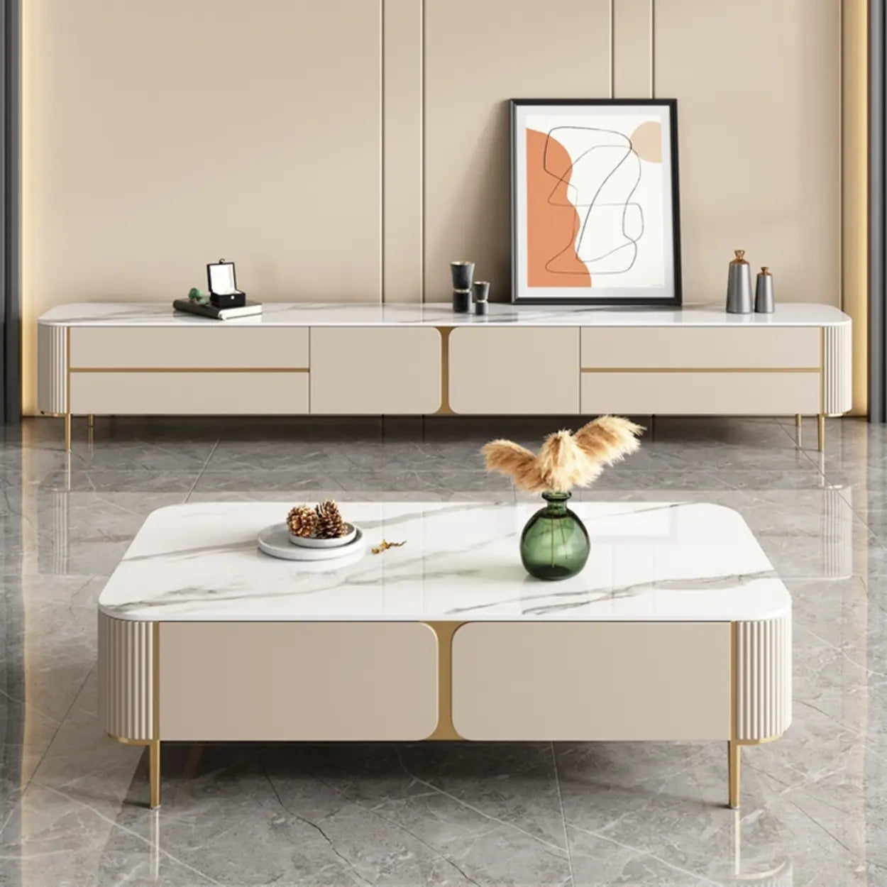 Glam Beige Stone Rectangular TV Stand with Drawers