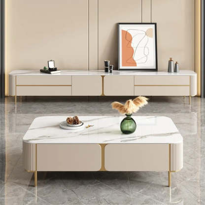 Glam Beige Stone Rectangular TV Stand with Drawers