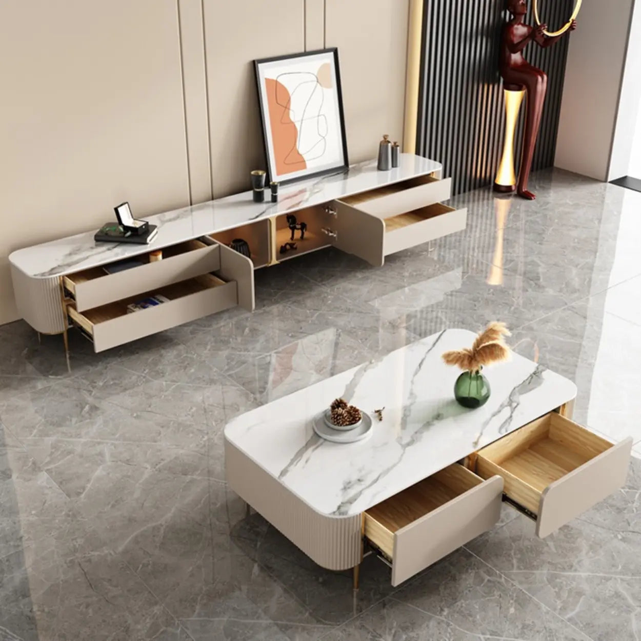 Glam Beige Stone Rectangular TV Stand with Drawers