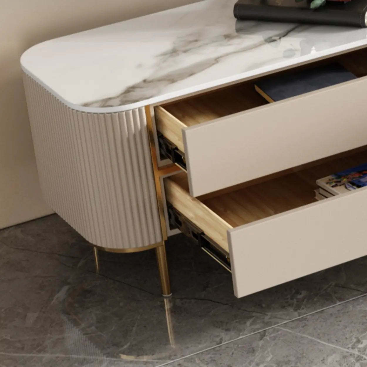 Glam Beige Stone Rectangular TV Stand with Drawers