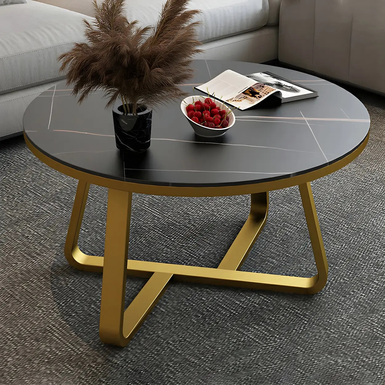 Round Stone Cross-Leg Coffee Table