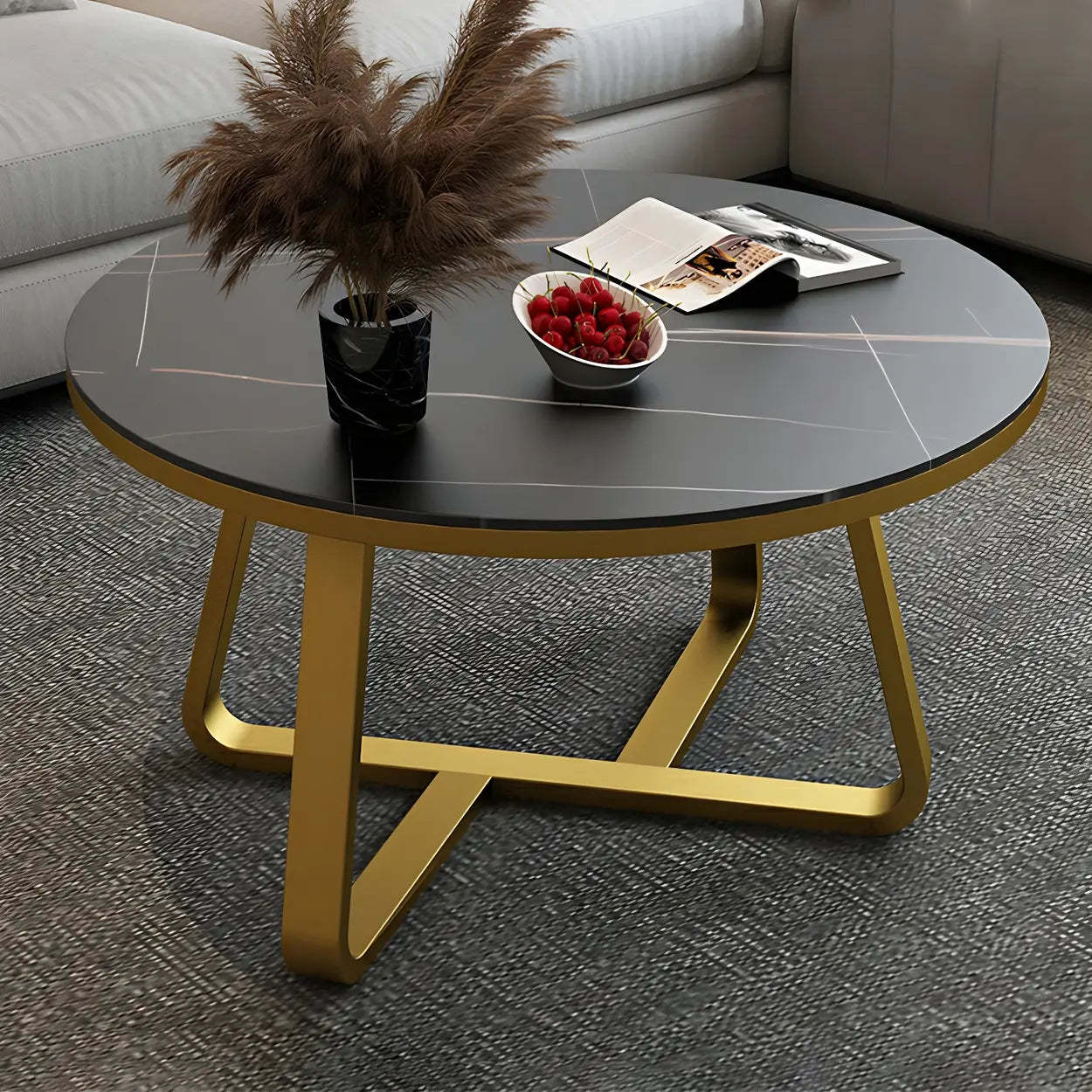 Round Stone Cross-Leg Coffee Table