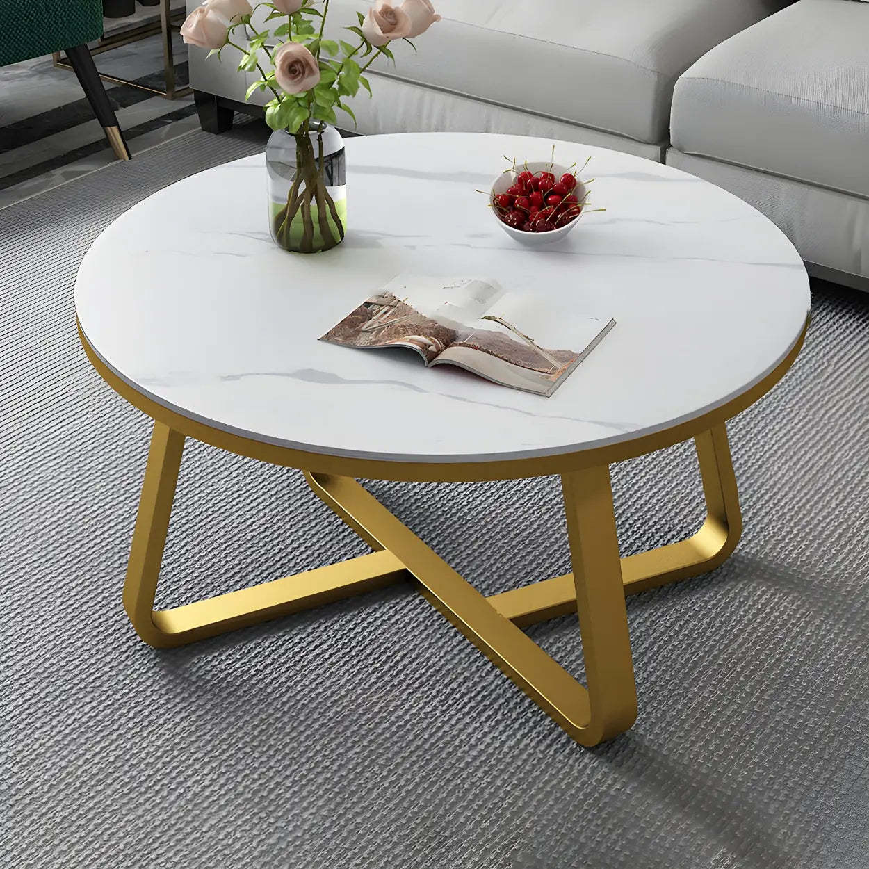 Round Stone Cross-Leg Coffee Table