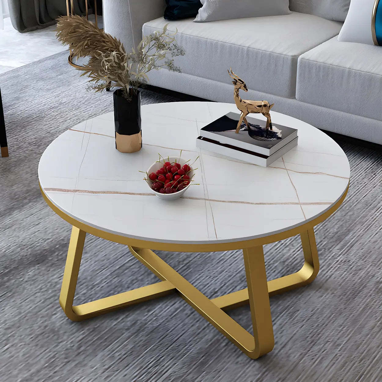 Round Stone Cross-Leg Coffee Table