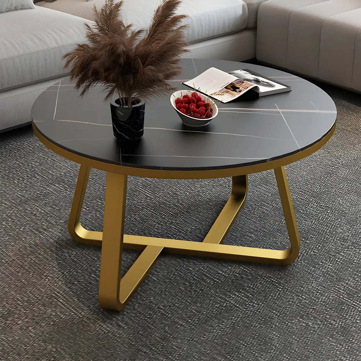 Round Stone Cross-Leg Coffee Table